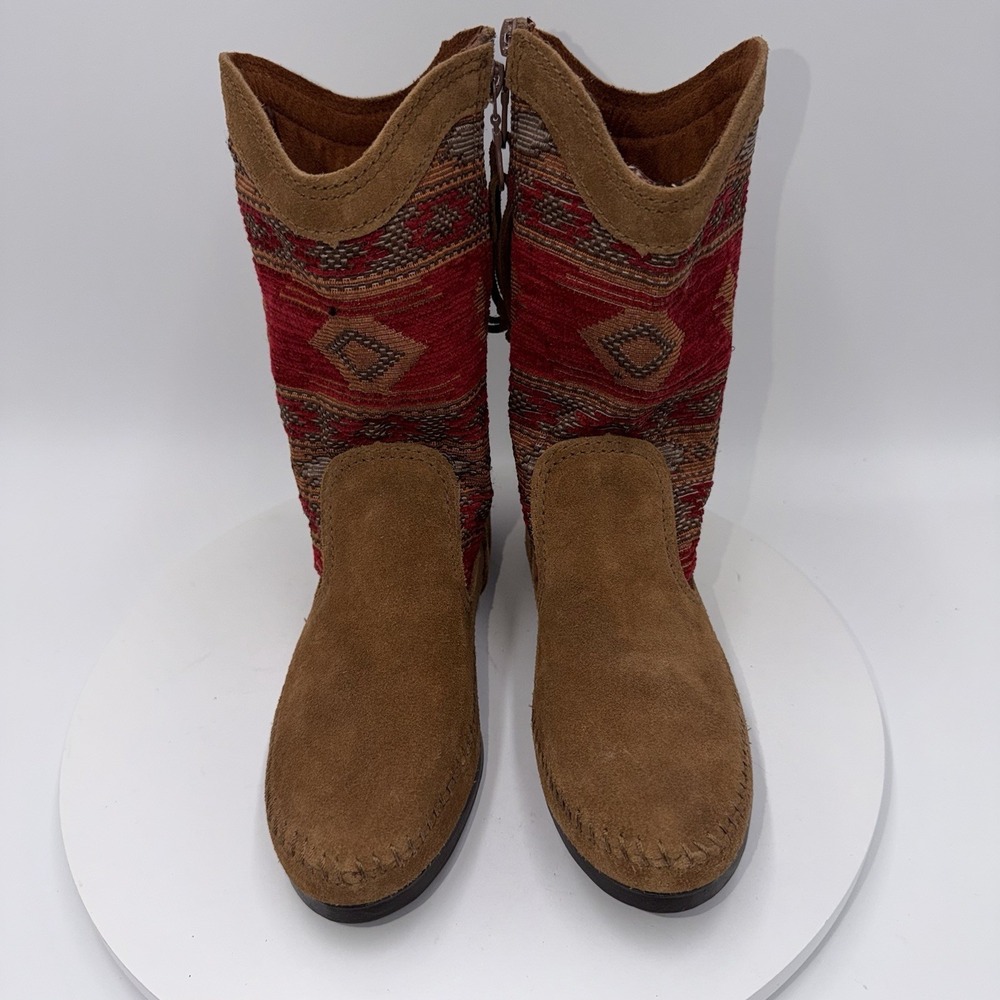 Minnetonka Baja Moccasin Boot Women's Size 7 Brown Suede Red Aztec Western - Picture 3 of 7
